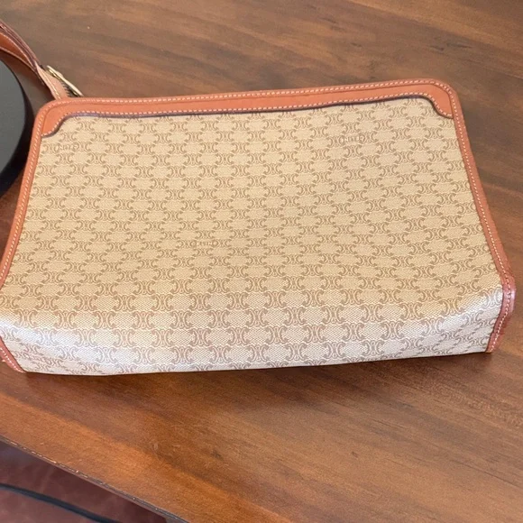 Celine Triumph Logo Clutch Leather Trim Vintage Beige & Brown Bag - Picture 14 of 16